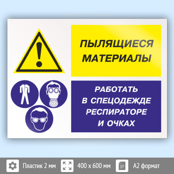 Знак «Пылящиеся материалы - работать в спецодежде, респираторе и очках», КЗ-79 (пластик, 600х400 мм)